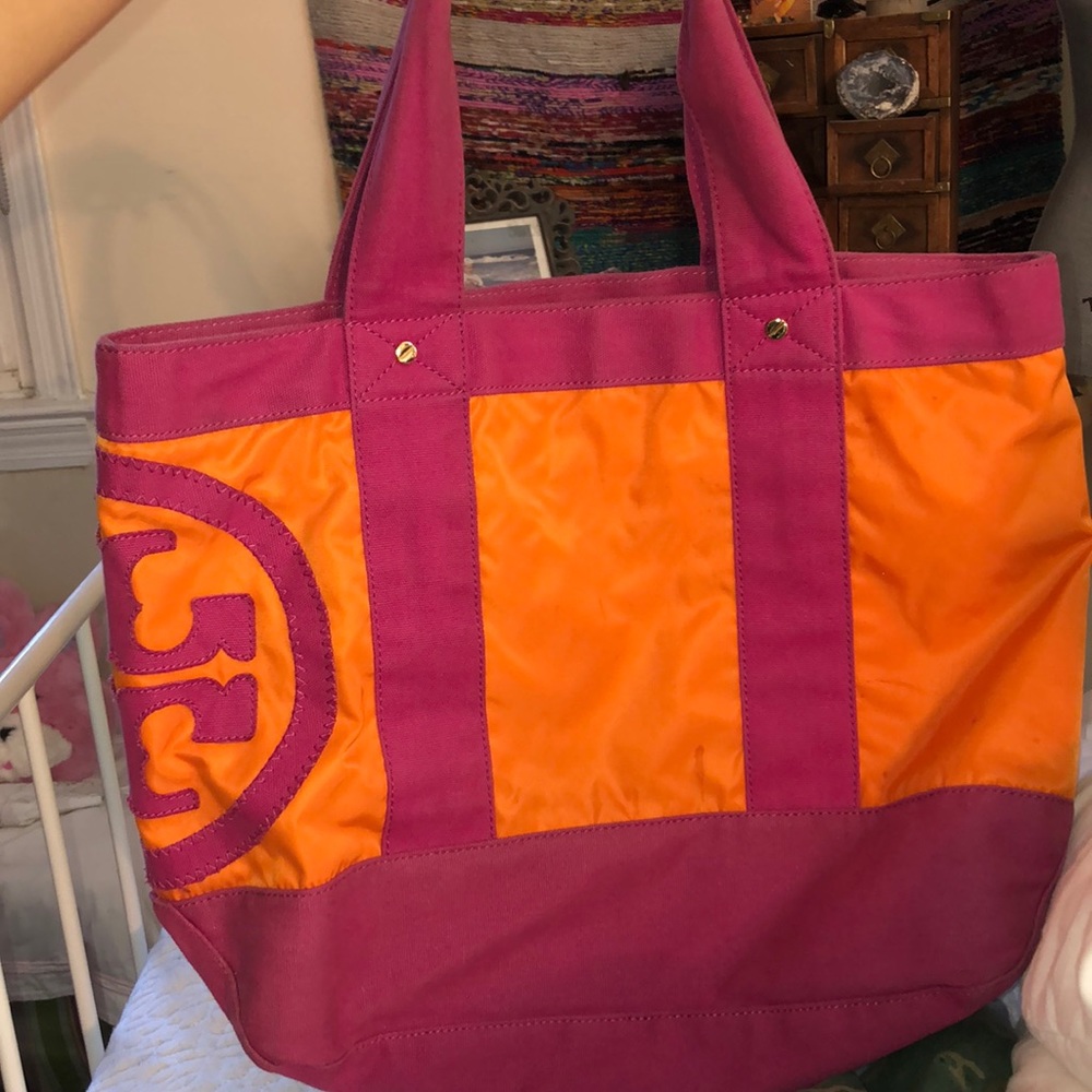 Tory burch nylon canvas pink orange logo tote